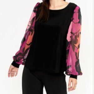 Frank Lyman Black top with sheer vibrant sleeves, US12